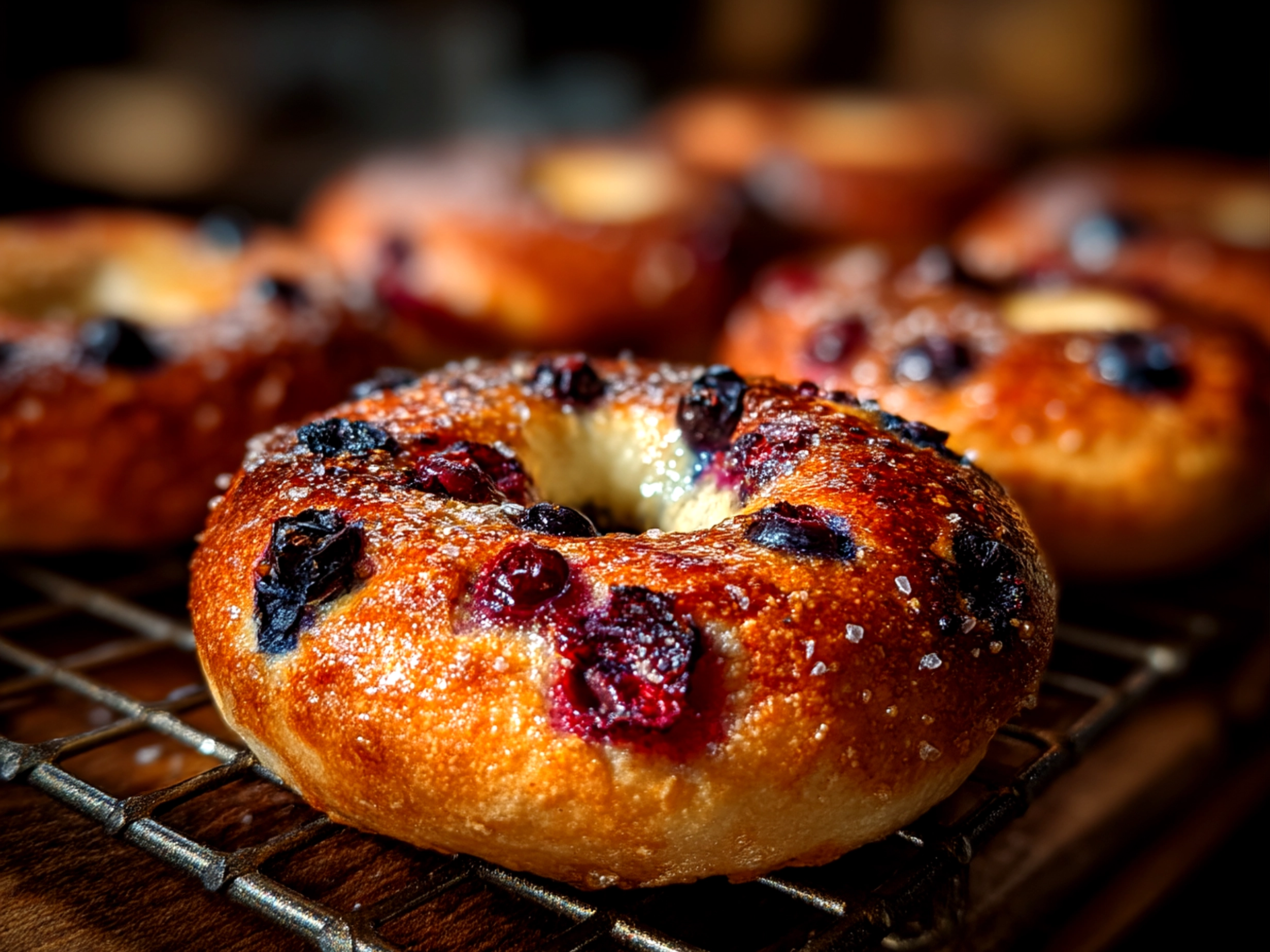 Close-up of finished sourdough blueberry bagels with natural shadows and golden crust