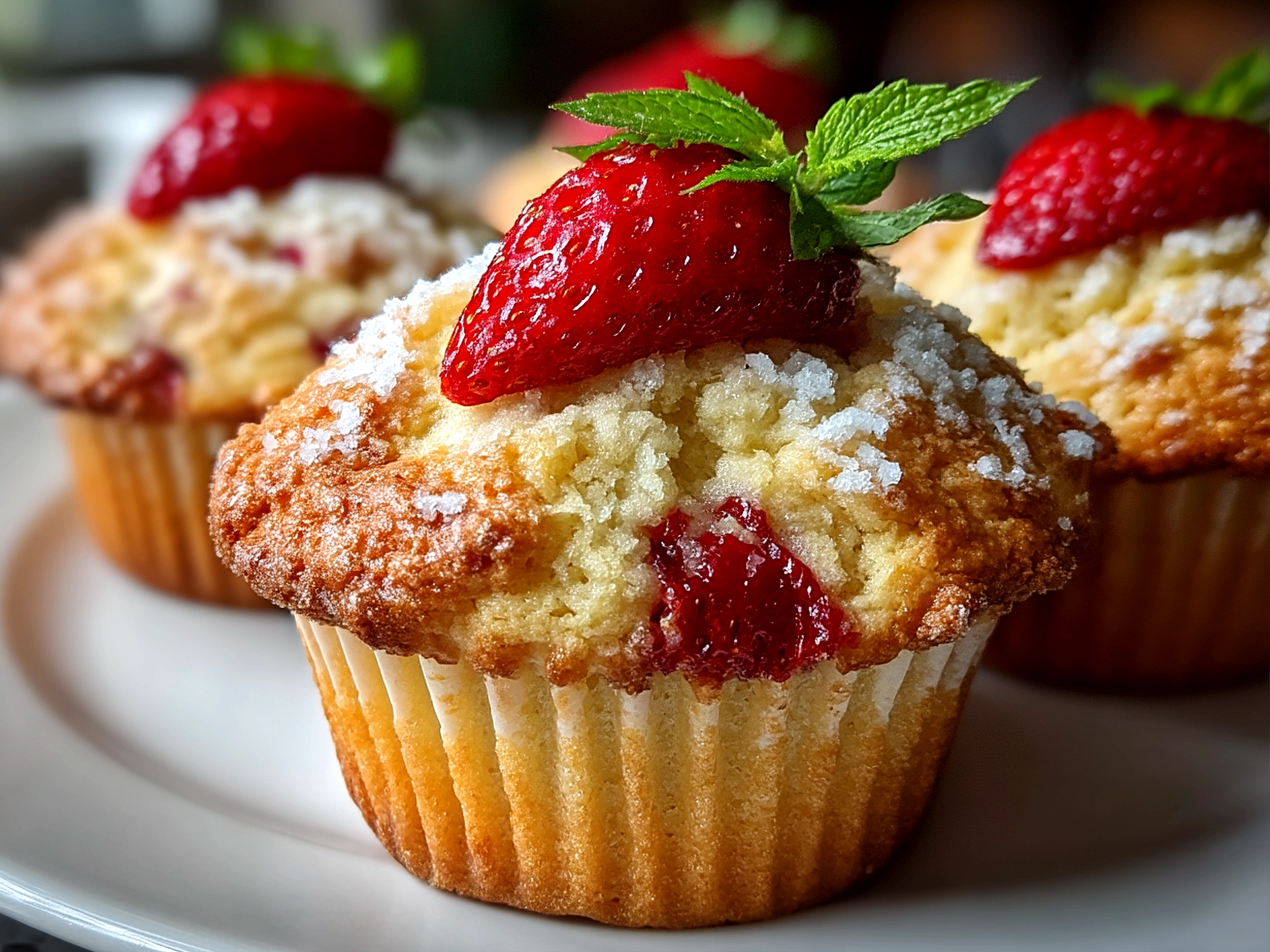 Close up of finished strawberry shortcake muffins with crumb topping and garnish