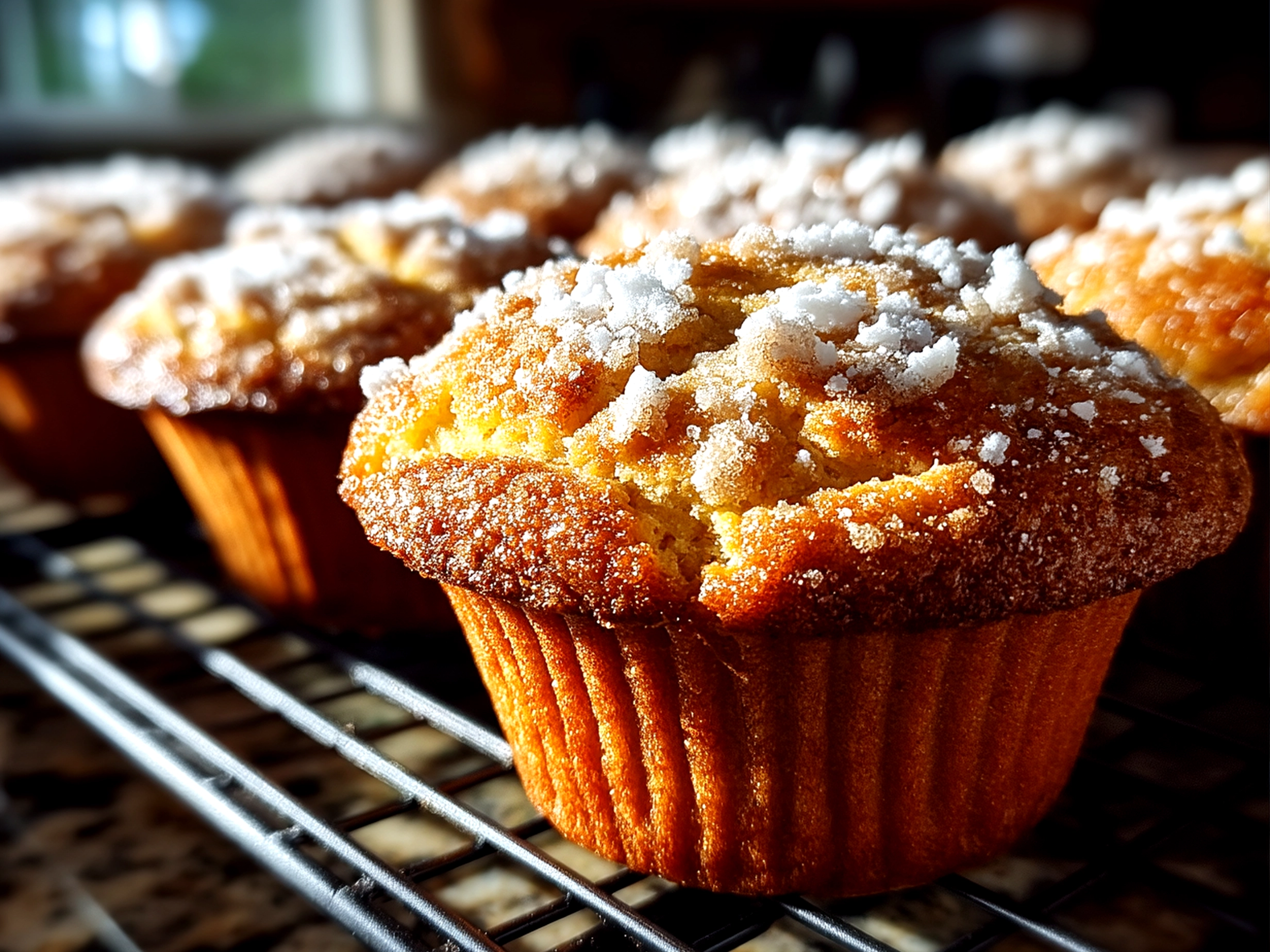 Close-up of finished sourdough coffee cake muffins with streusel topping on a plate ready to serve
