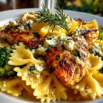 Close-up of freshly prepared Cowboy Butter Lemon Bowtie Chicken with Broccoli