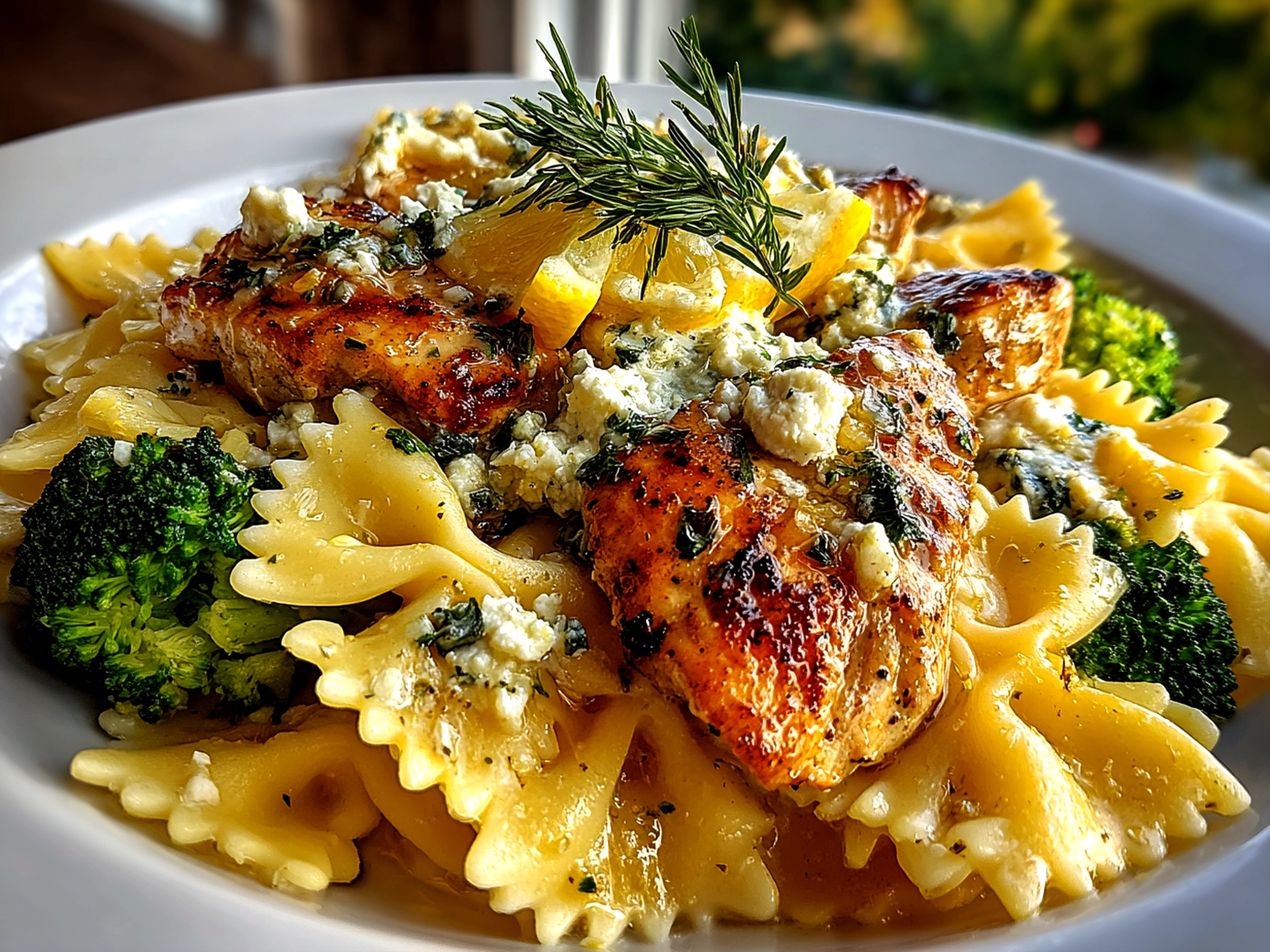 Close-up of freshly prepared Cowboy Butter Lemon Bowtie Chicken with Broccoli