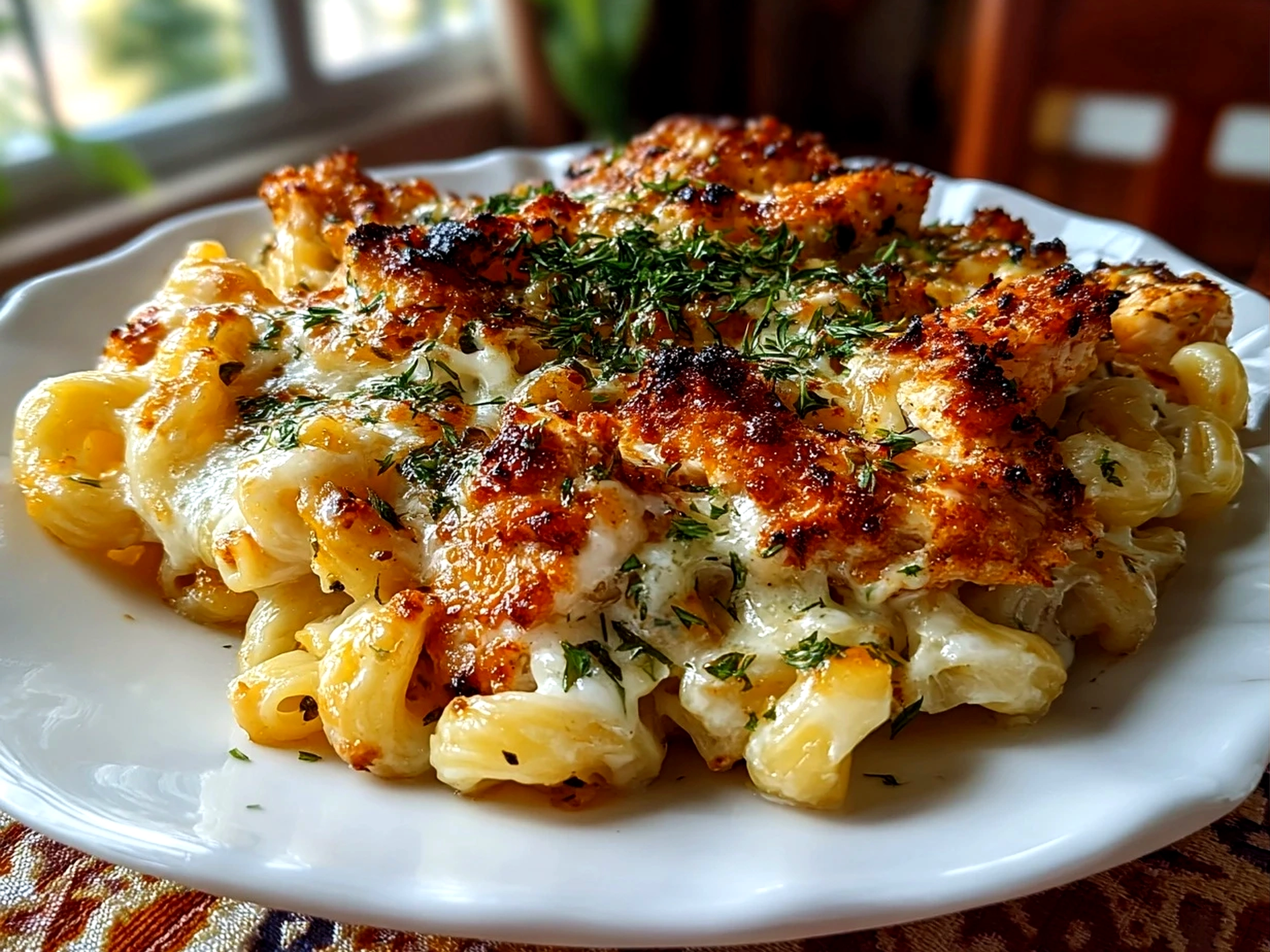 Close-up of Honey Pepper Chicken Mac Cheese on white plate