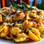 Comforting homemade Butternut Squash Sage Pasta on a white plate