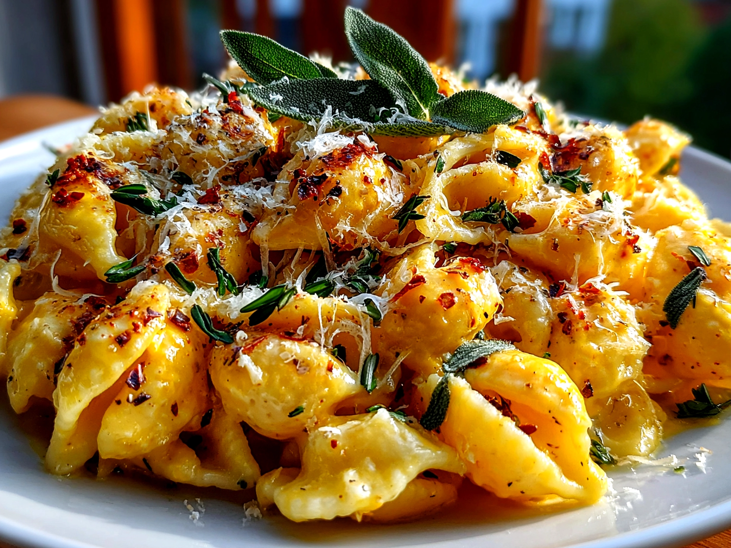 Comforting homemade Butternut Squash Sage Pasta on a white plate