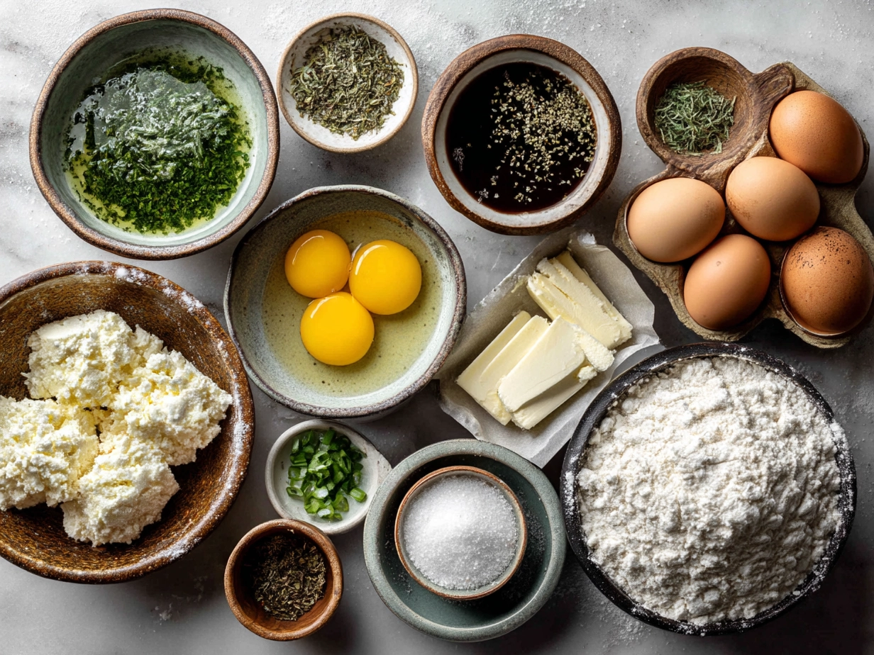 Ingredients for Cottage Cheese and Herb Biscuits including flour, butter, herbs, cottage cheese and cheddar