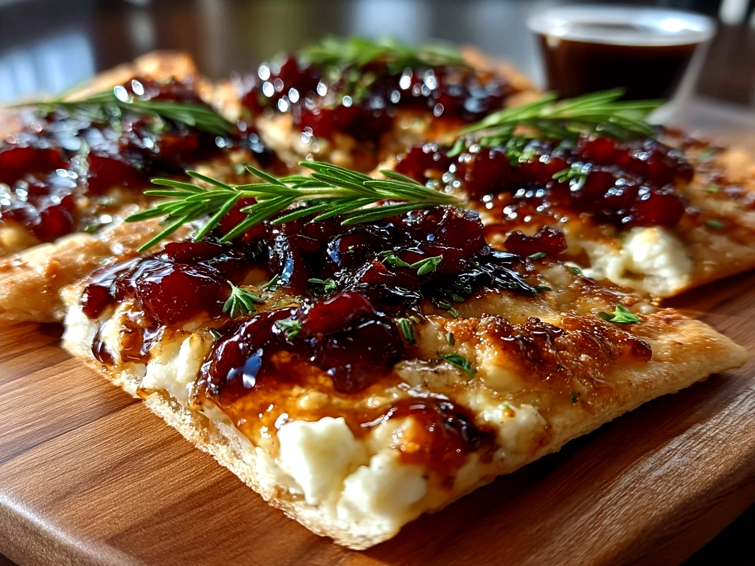 Finished Cranberry Brie Flatbread served on a wooden board with fresh herbs