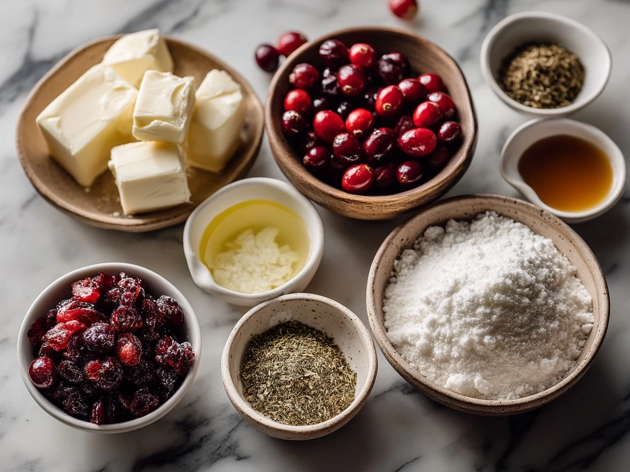 Ingredients for Cranberry Brie Flatbread laid out on a table