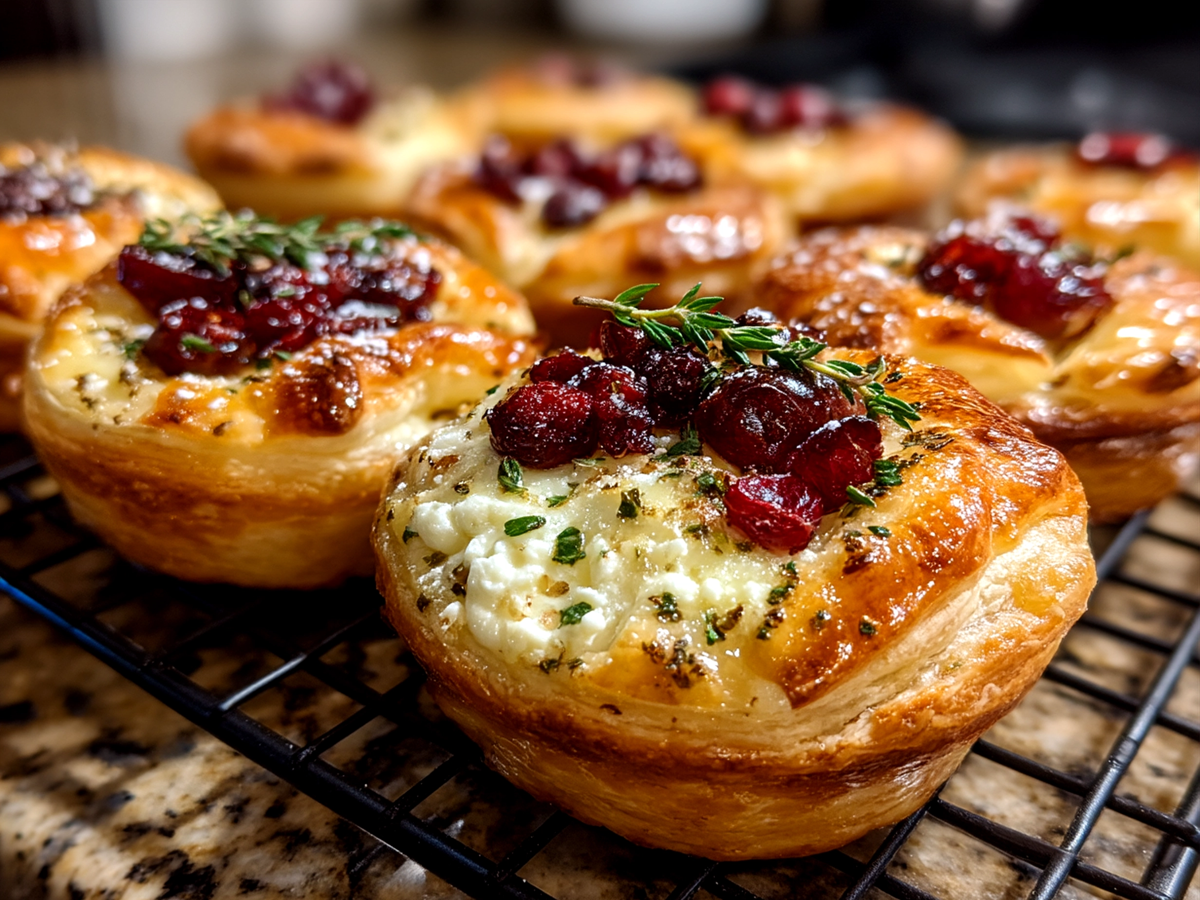 Cranberry Brie Puff Pastry Cups served on a wooden board with fresh rosemary and nuts