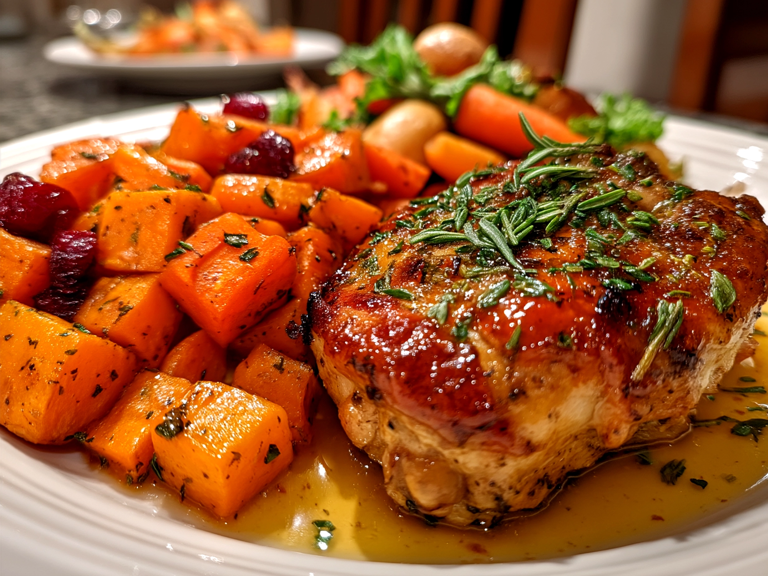 Served Cranberry Glazed Chicken with Carrots and Sweet Potatoes on a plate