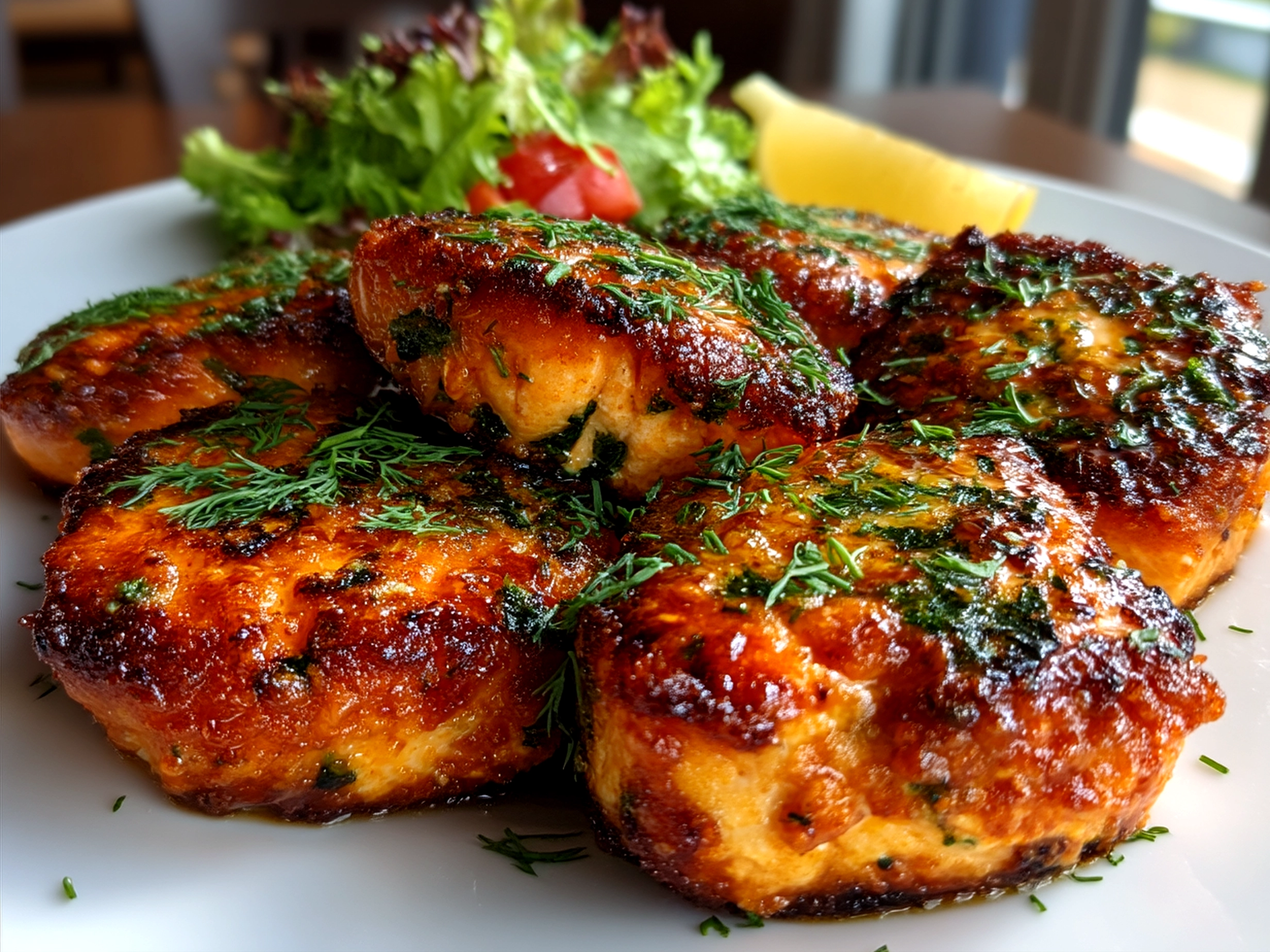 Serving Crispy Bang Bang Salmon Bites with fresh lime wedges and herbs