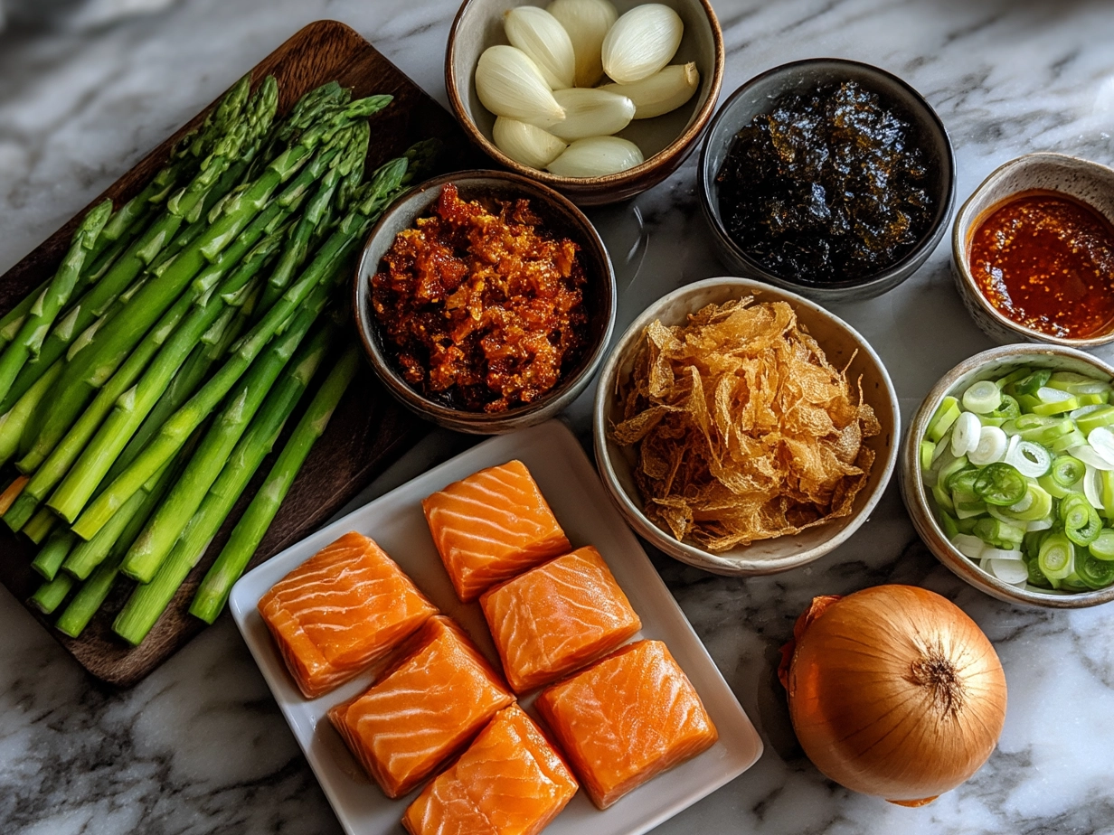Ingredients for Crispy Bang Bang Salmon Bites including salmon, panko, flour, eggs, and sauces