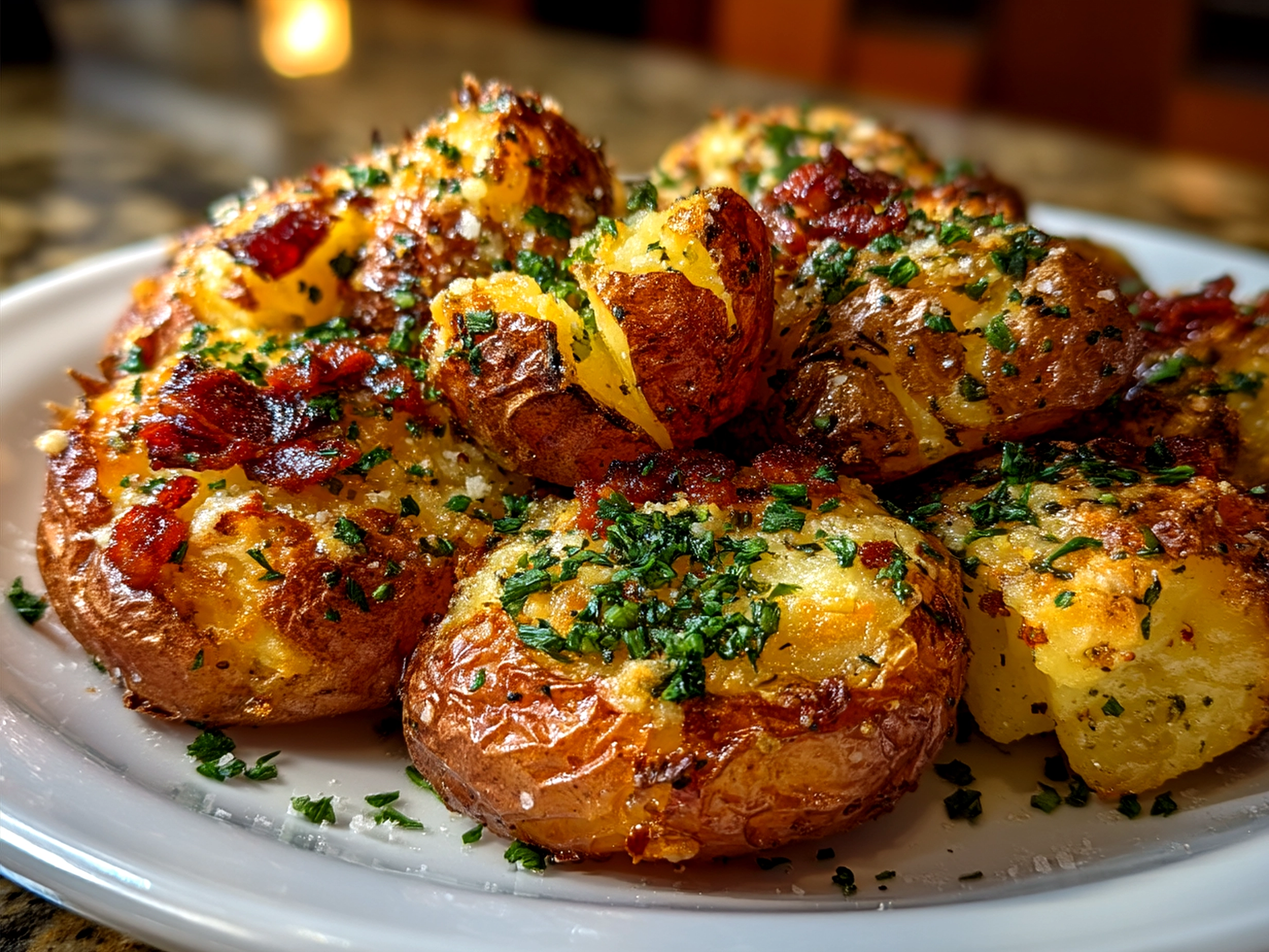 Serving Crispy Smashed Red Potatoes garnished with fresh herbs on a platter