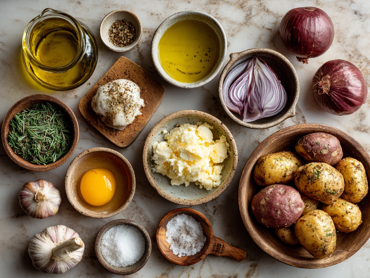 Ingredients for Crispy Smashed Red Potatoes including red potatoes, olive oil, garlic, herbs, salt and pepper