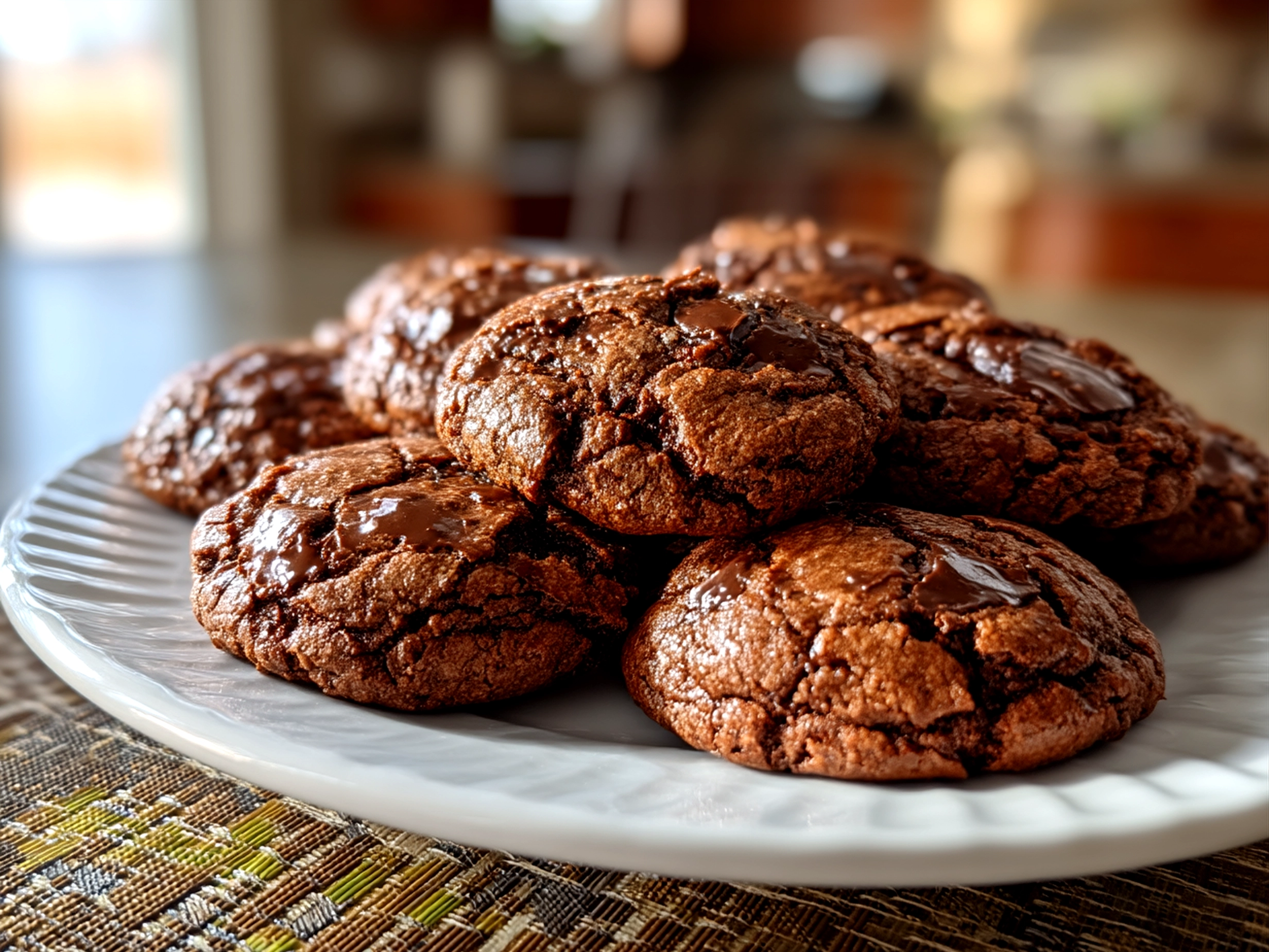 Freshly baked Double Chocolate Sourdough Cookies on a rustic plate
