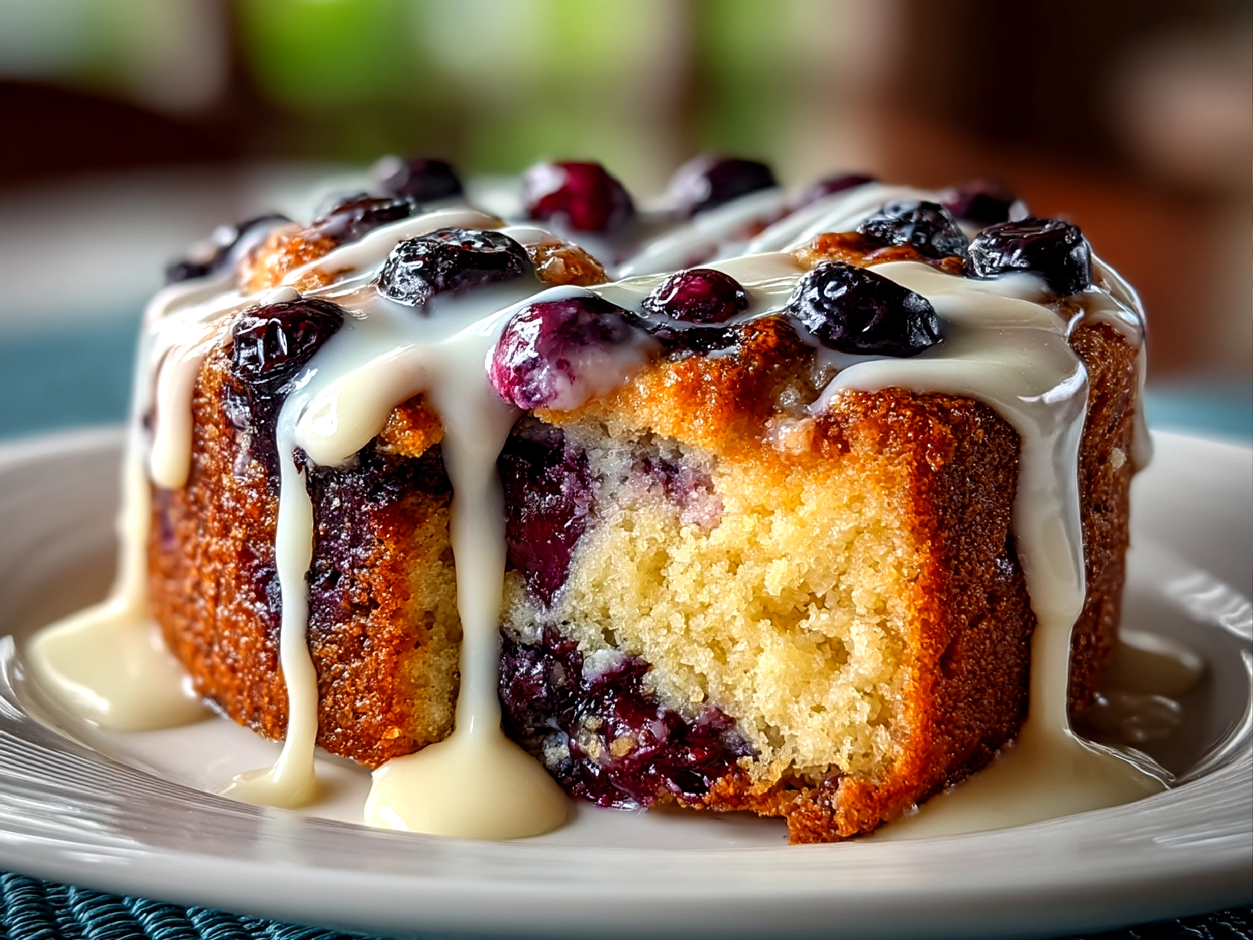 Finished Blueberry Sour Cream Coffee Cake with sauce drizzle