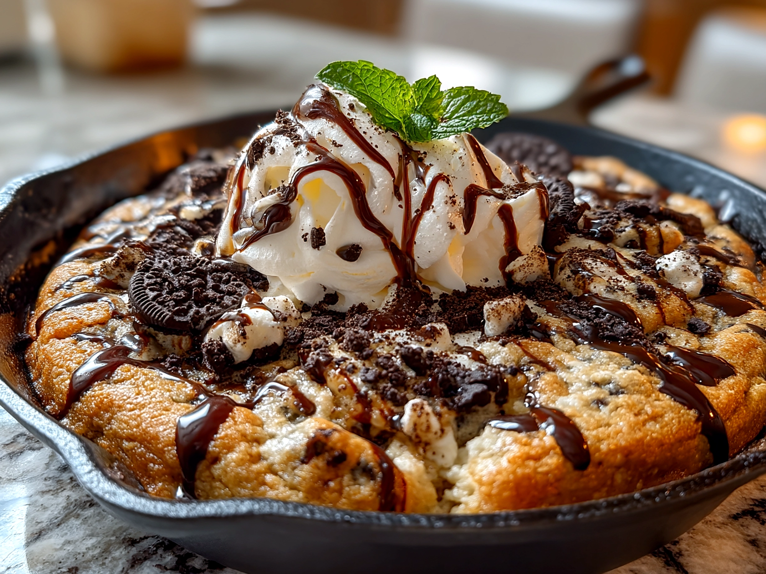 Finished Cookies Cream Skillet Cookie served warm with fresh garnish