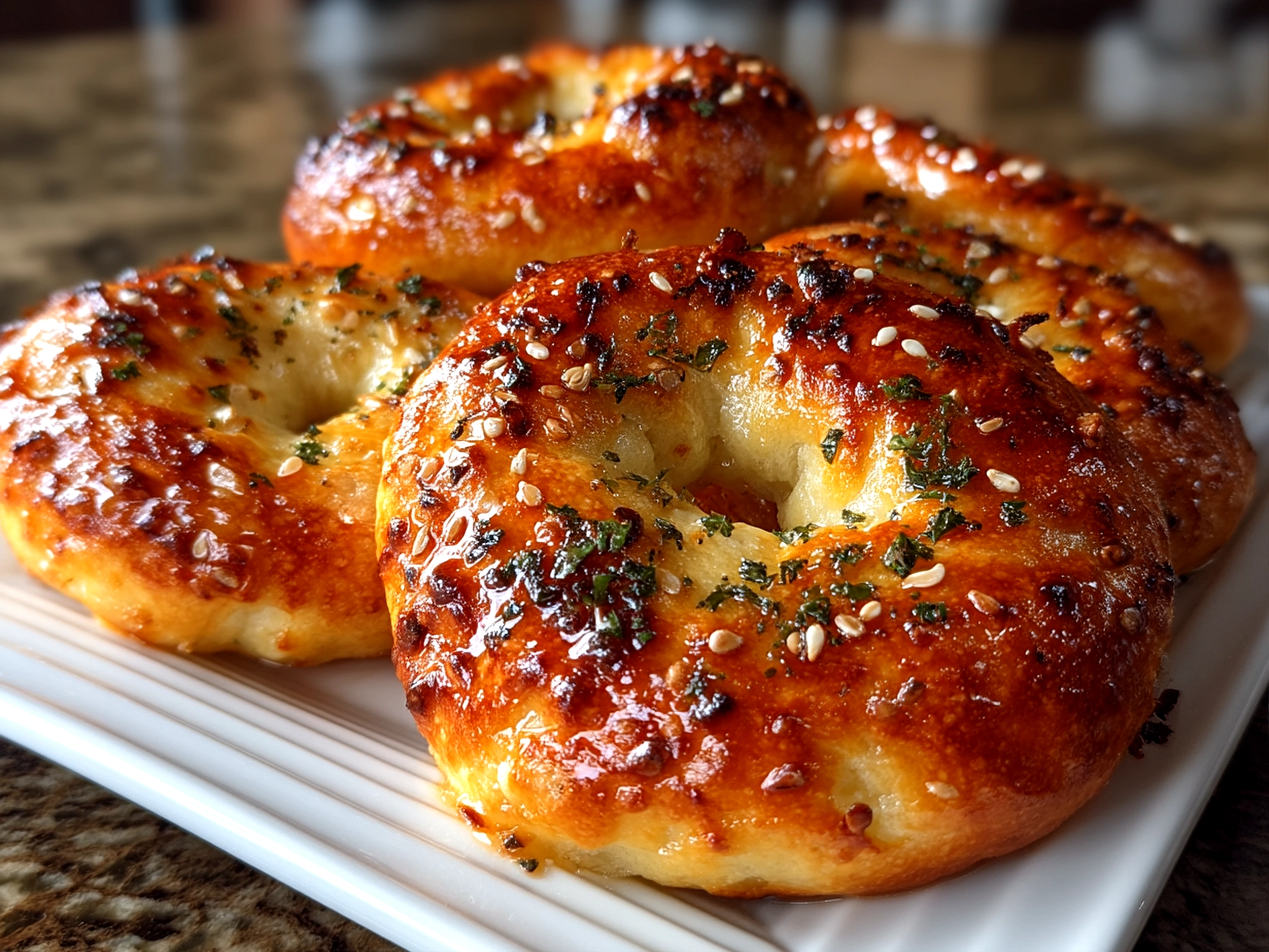 Freshly baked Greek Yogurt Bagels on a wooden serving tray