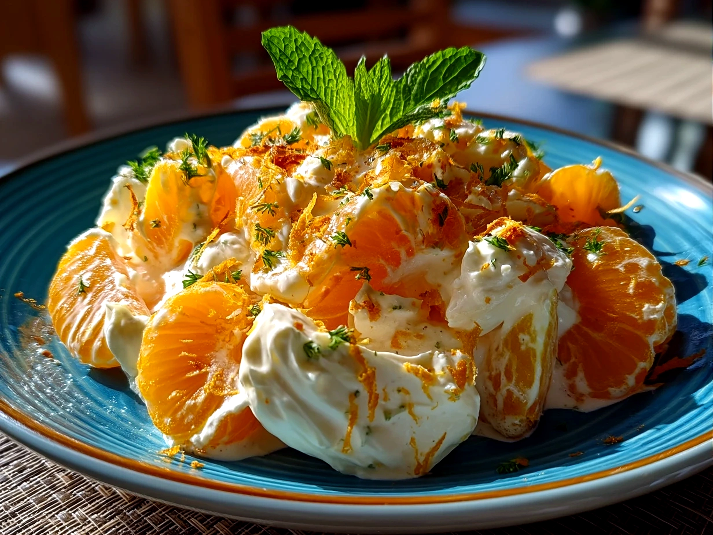 Close-up of finished Orange Dreamsicle Salad served in a glass bowl
