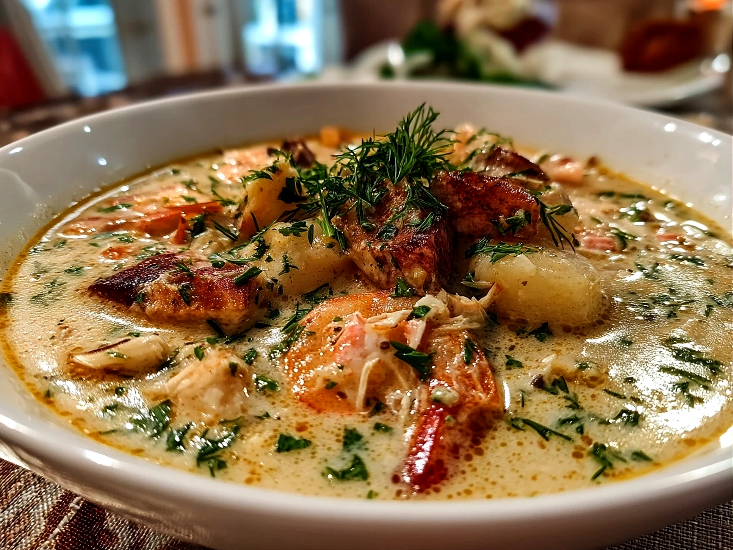 Finished seafood chowder served in bowl
