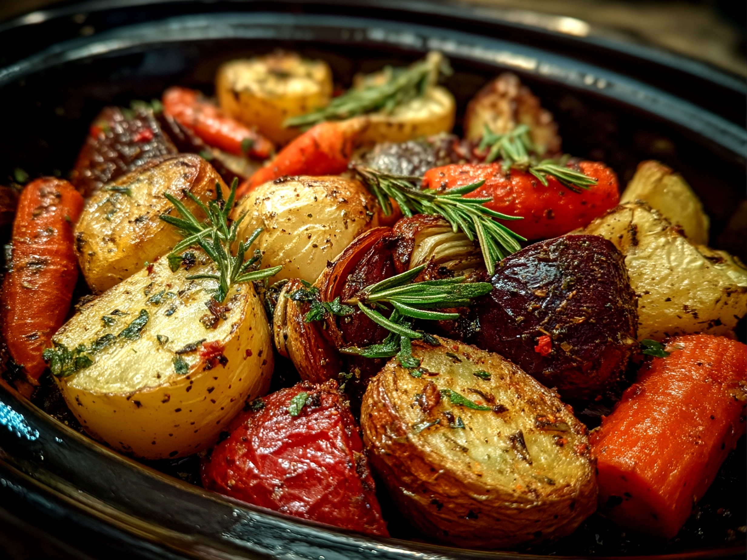 Close-up of finished Slow Cooker Roasted Fall Vegetables served and ready to eat