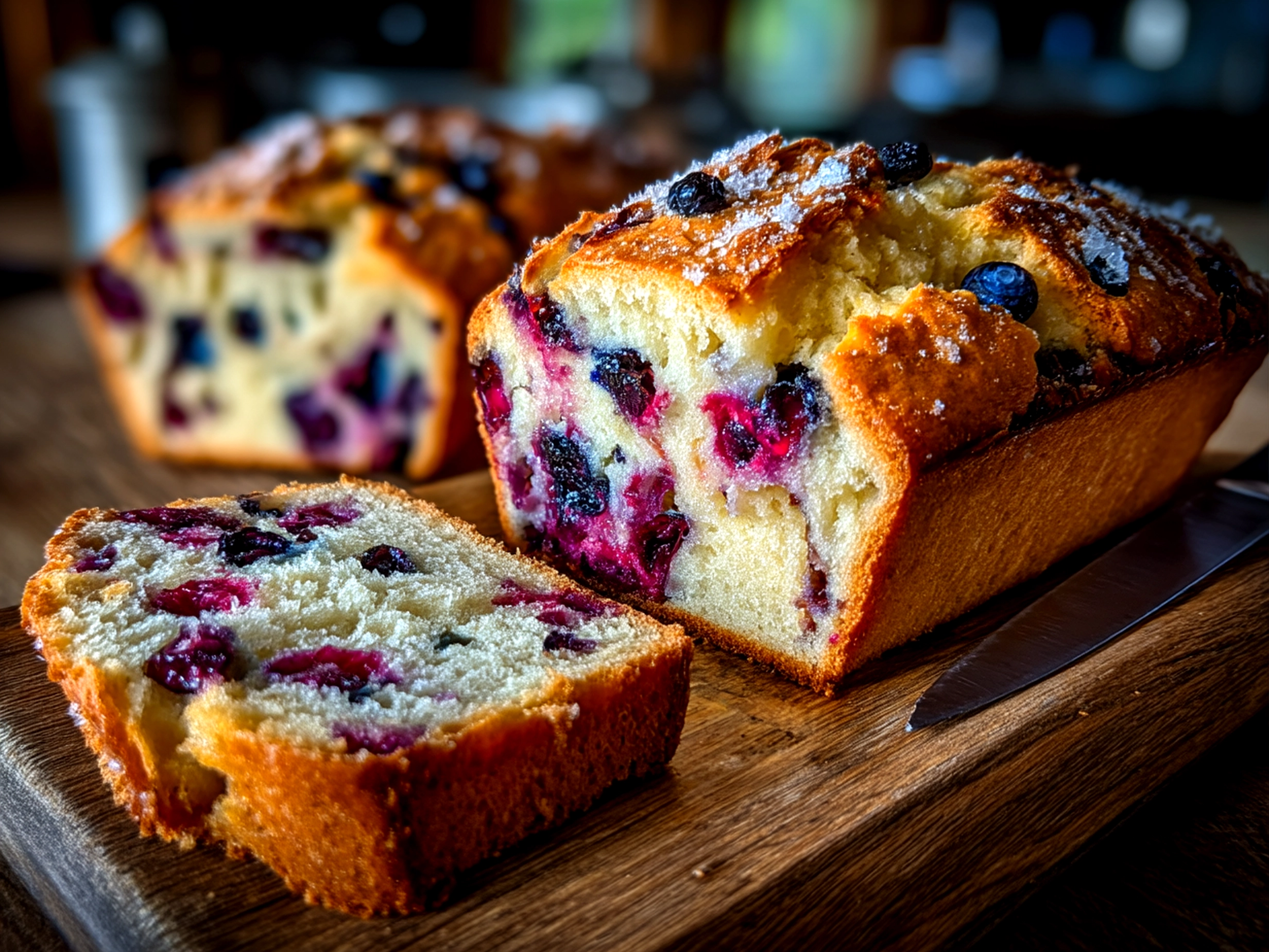 Finished sourdough discard blueberry bread close-up with fresh blueberries