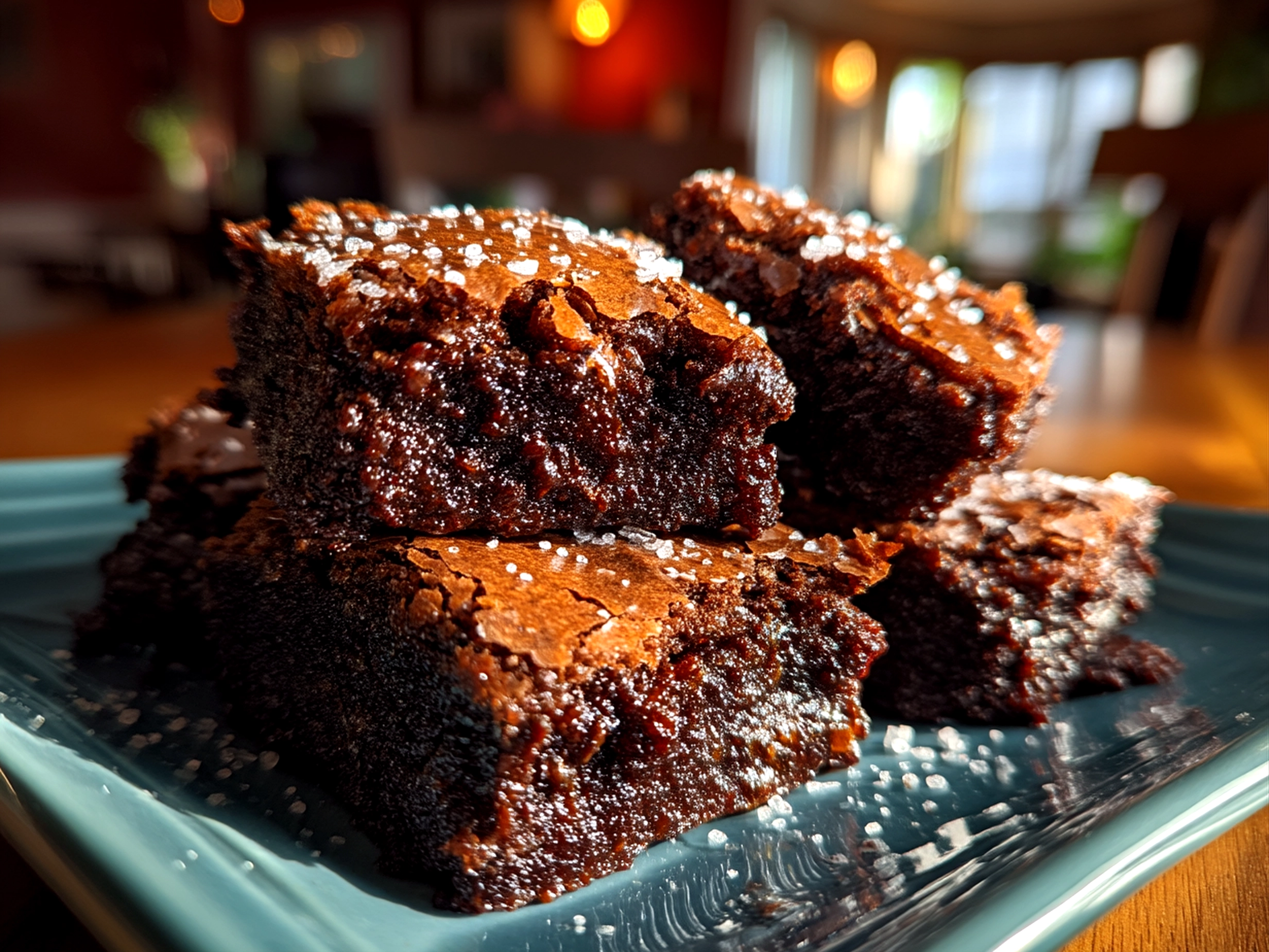 Finished sourdough discard brownies with shiny surface served on a plate
