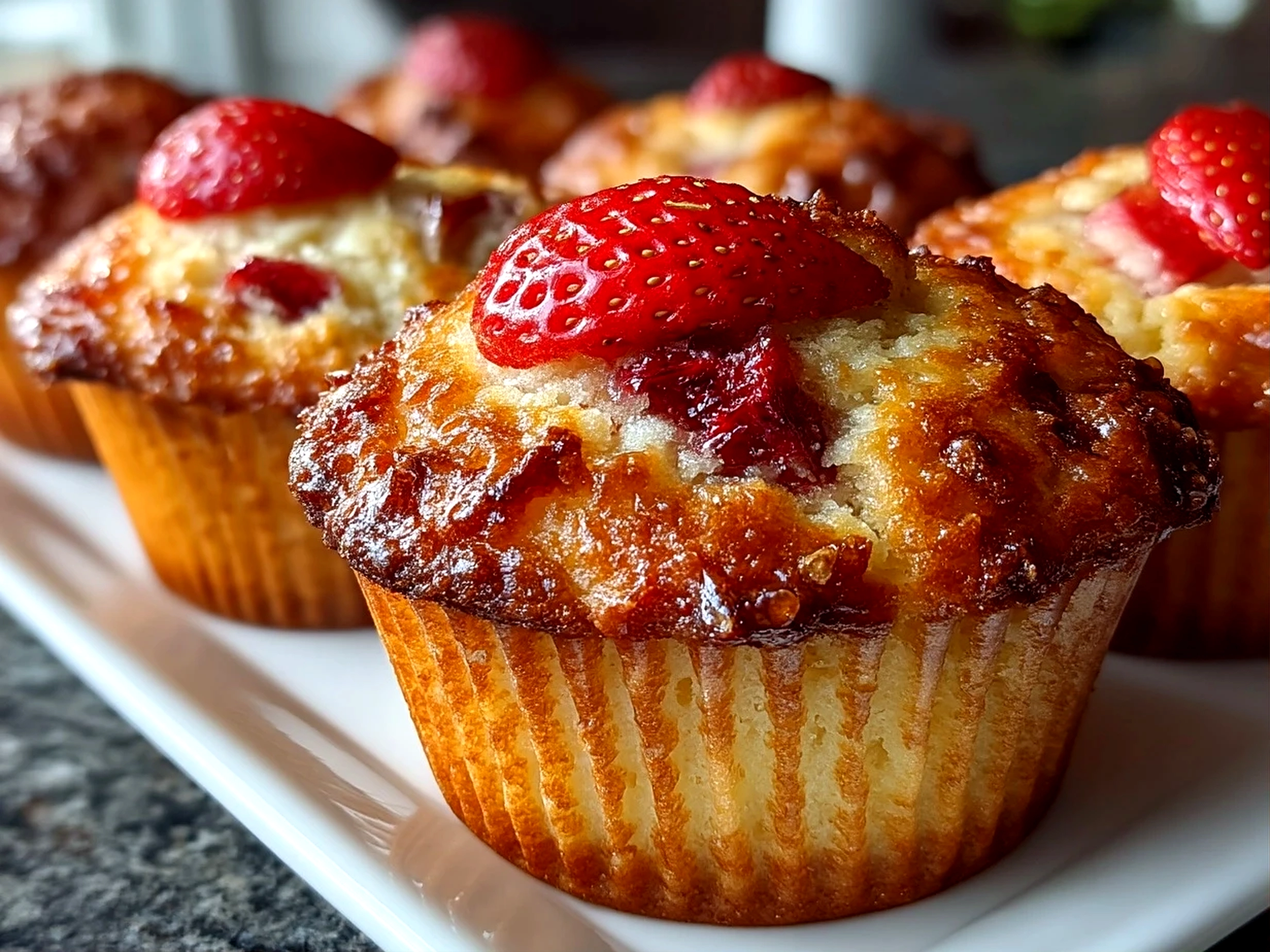 Close-up of finished Strawberry Greek Yogurt Muffins on a serving plate