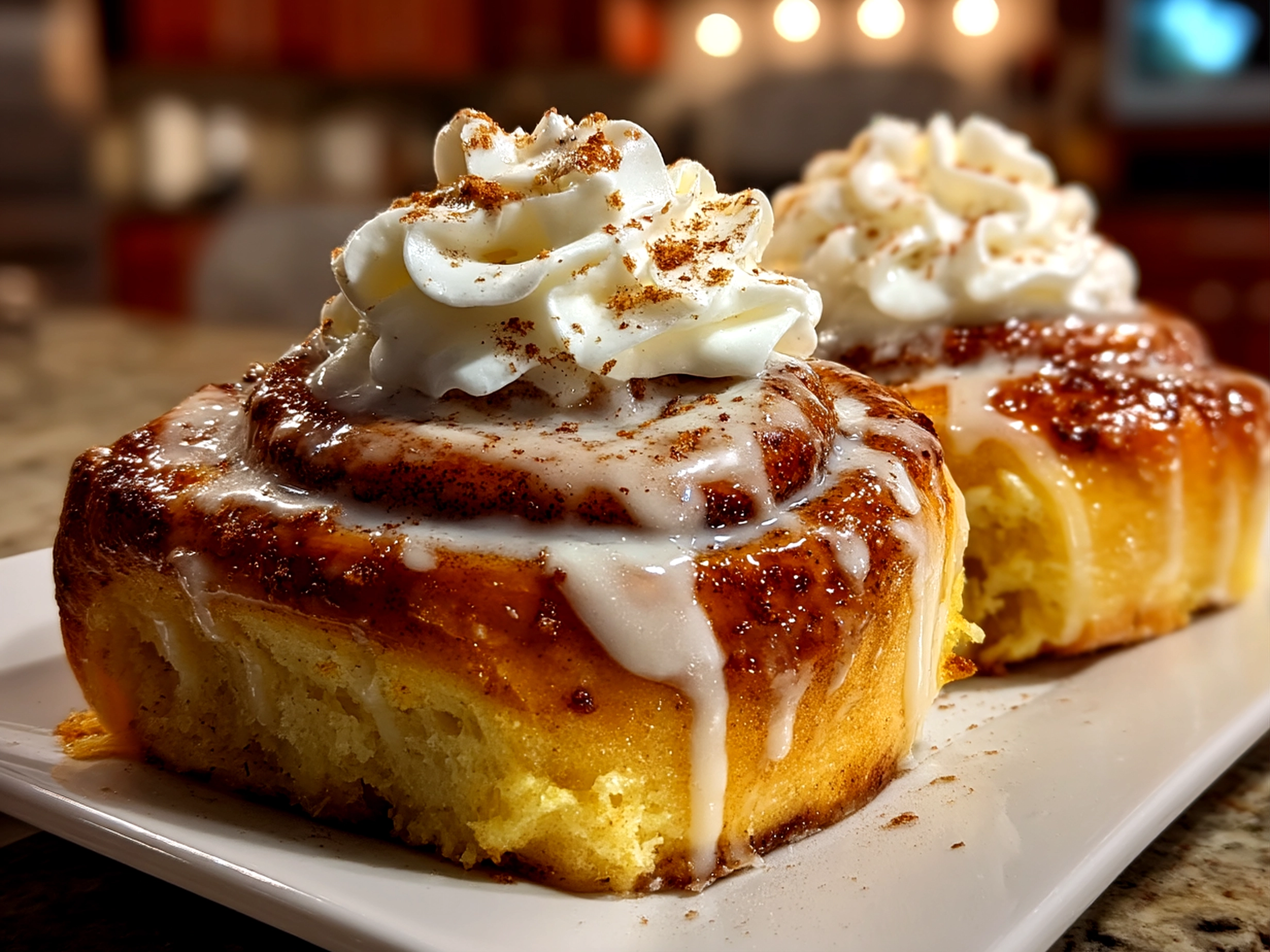 Close up of finished Tres Leches Cinnamon Rolls topped with vanilla cream frosting and dulce de leche drizzle