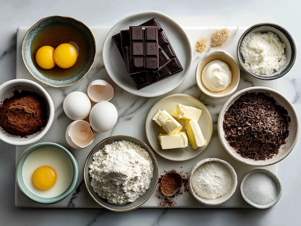 Ingredients for Flourless Greek Yogurt Brownies laid out on a kitchen table