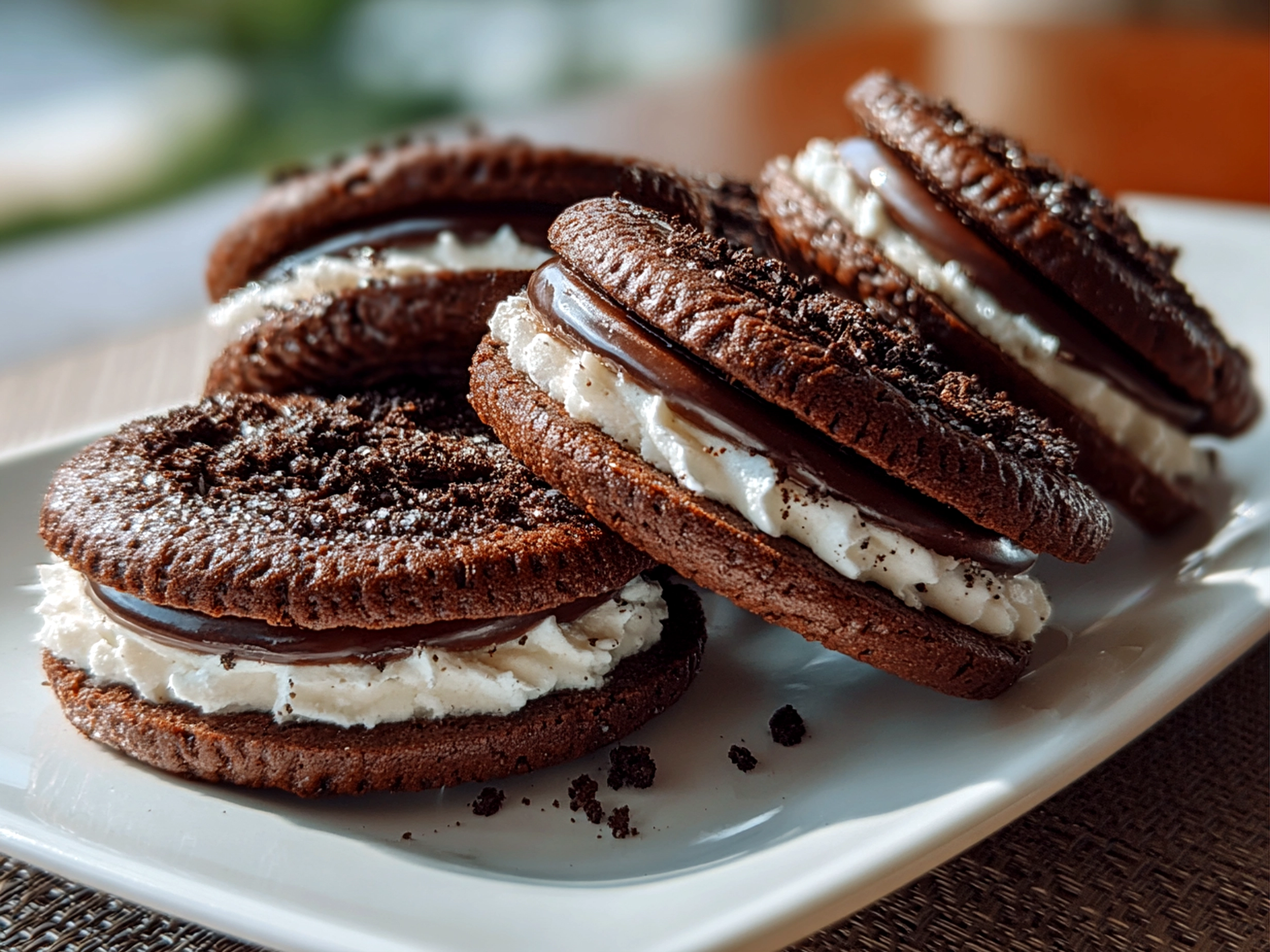 Food blogger, taken with iPhone 14 Pro. Close-up slight angle of freshly prepared OREO Basketball cookies on white plate. Mouthwatering --ar 4:3 --style raw --s 260