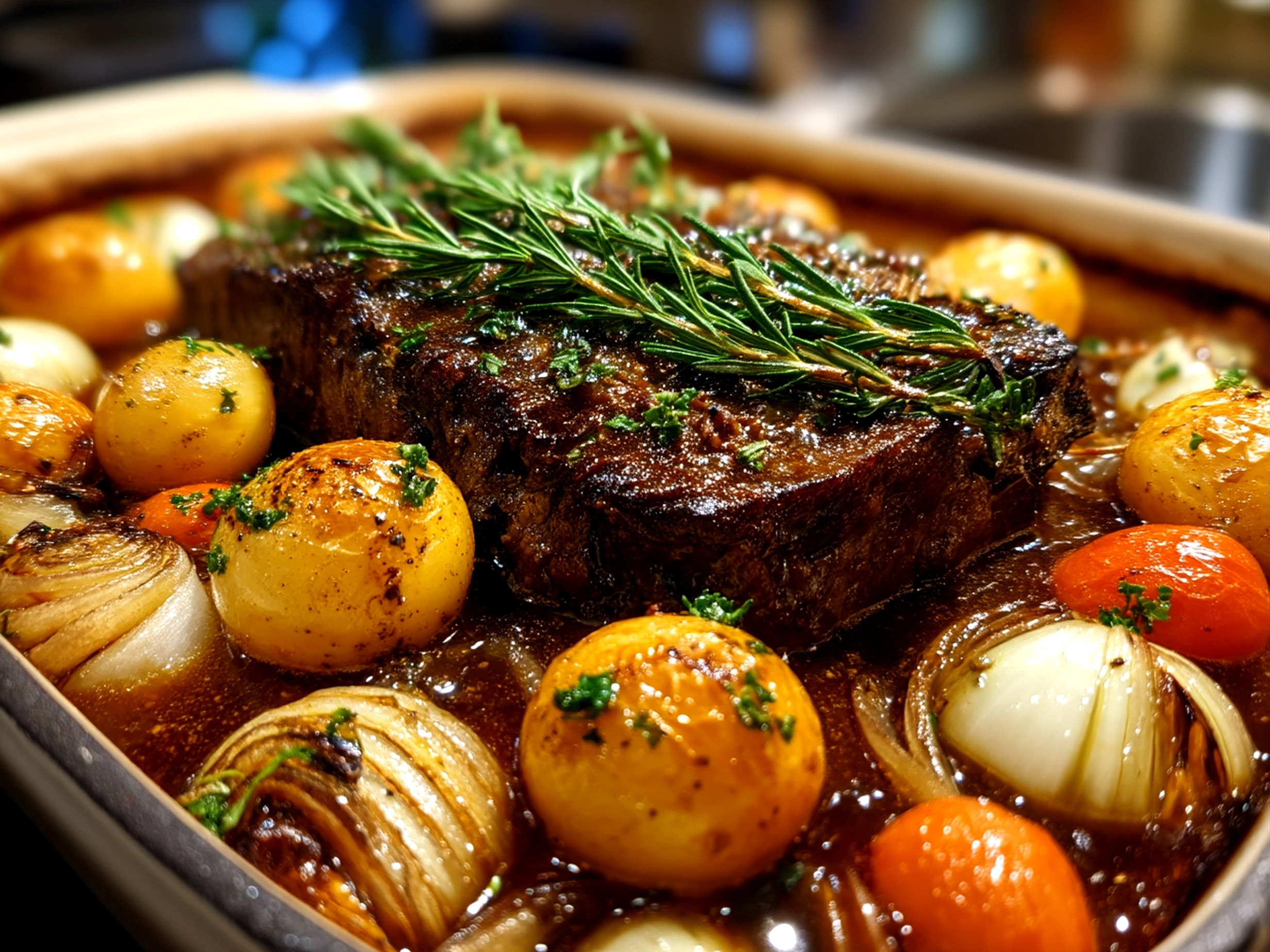 French Onion Pot Roast served with mashed potatoes and garnished with fresh herbs.