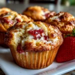 Fresh homemade strawberry banana muffins on white plate