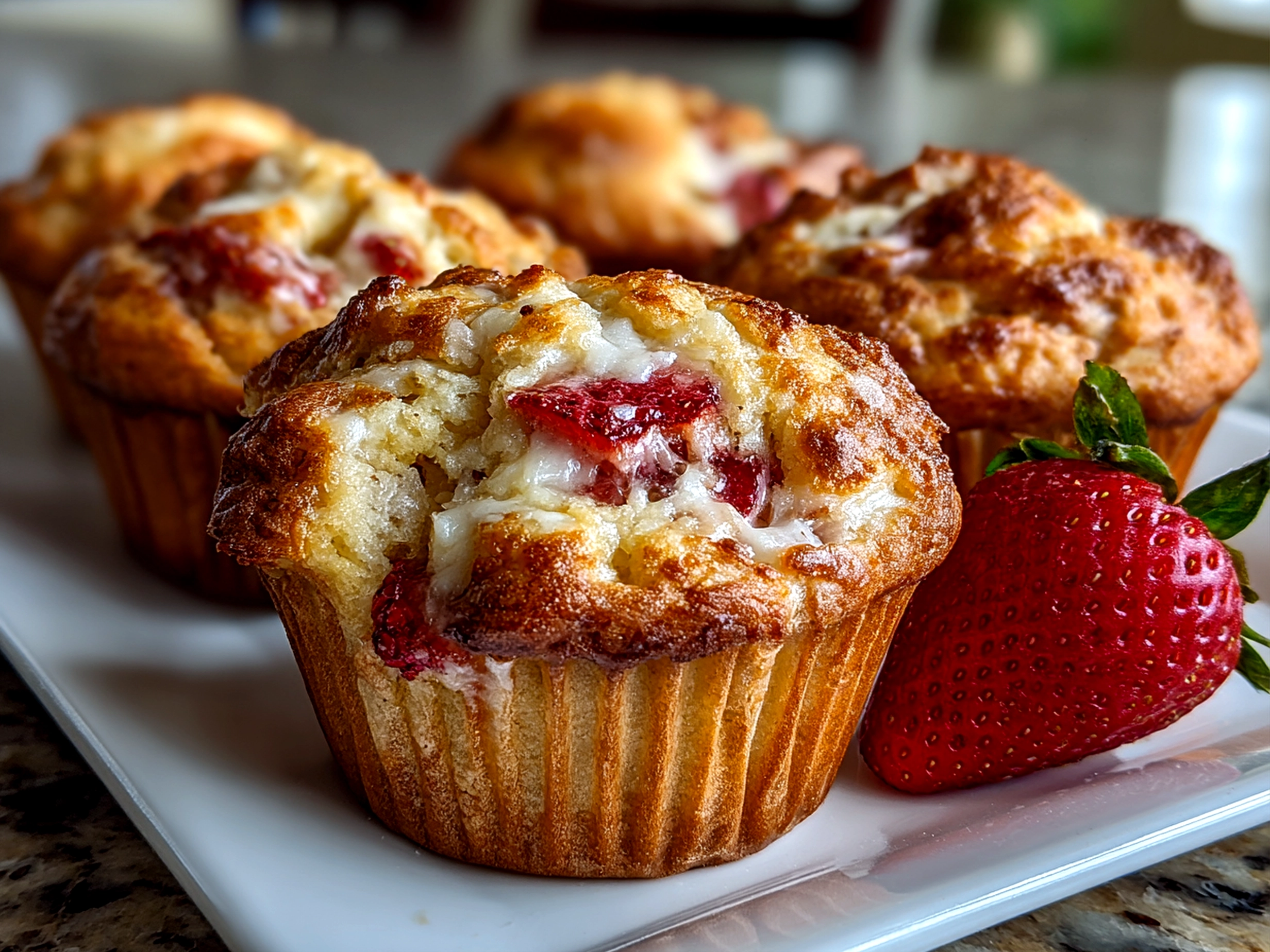 Fresh homemade strawberry banana muffins on white plate