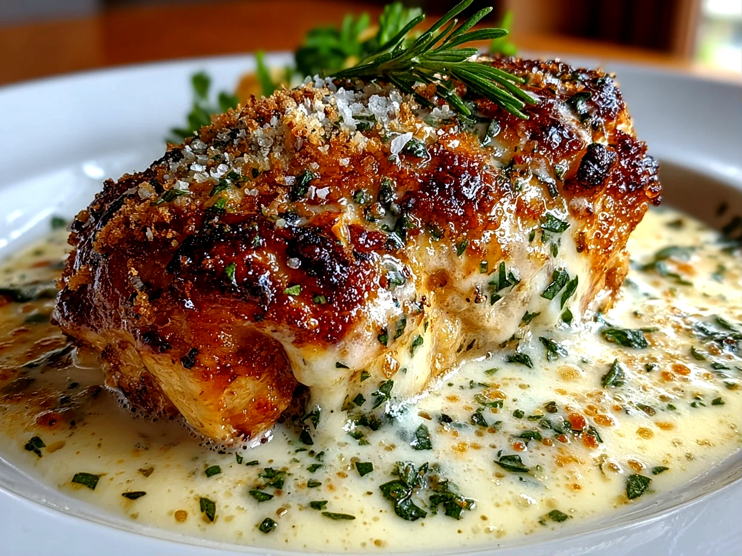 Freshly baked Caesar chicken with creamy Parmesan sauce