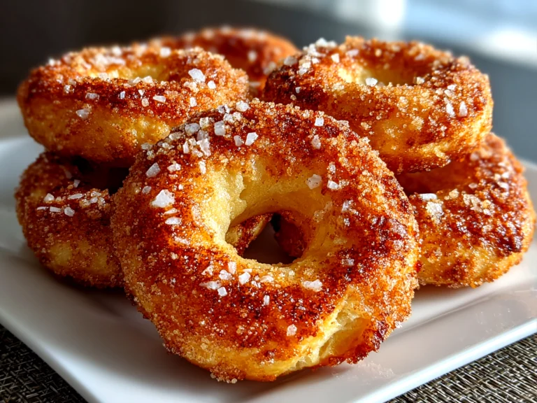 Freshly baked cinnamon sugar bagels on a white plate