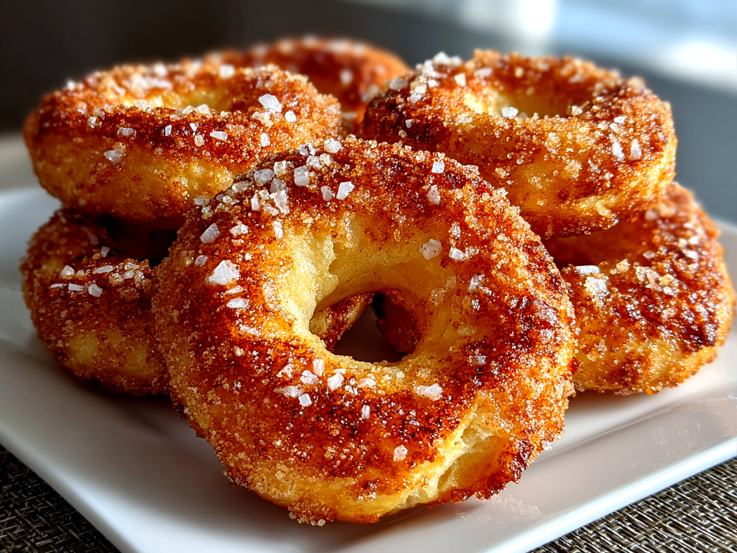 Freshly baked cinnamon sugar bagels on a white plate