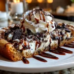 Freshly baked Cookies Cream Skillet Cookie with visible steam