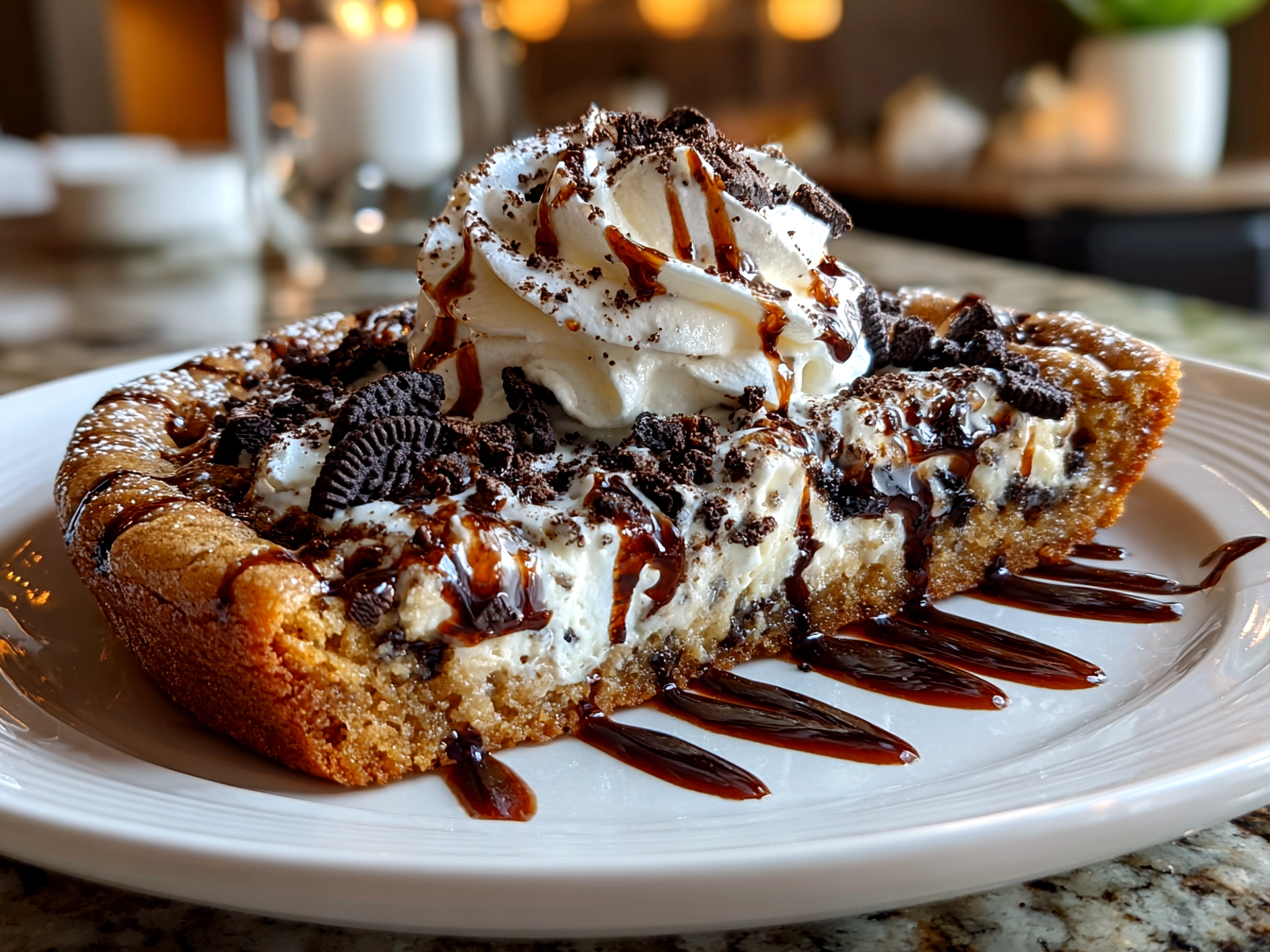 Freshly baked Cookies Cream Skillet Cookie with visible steam