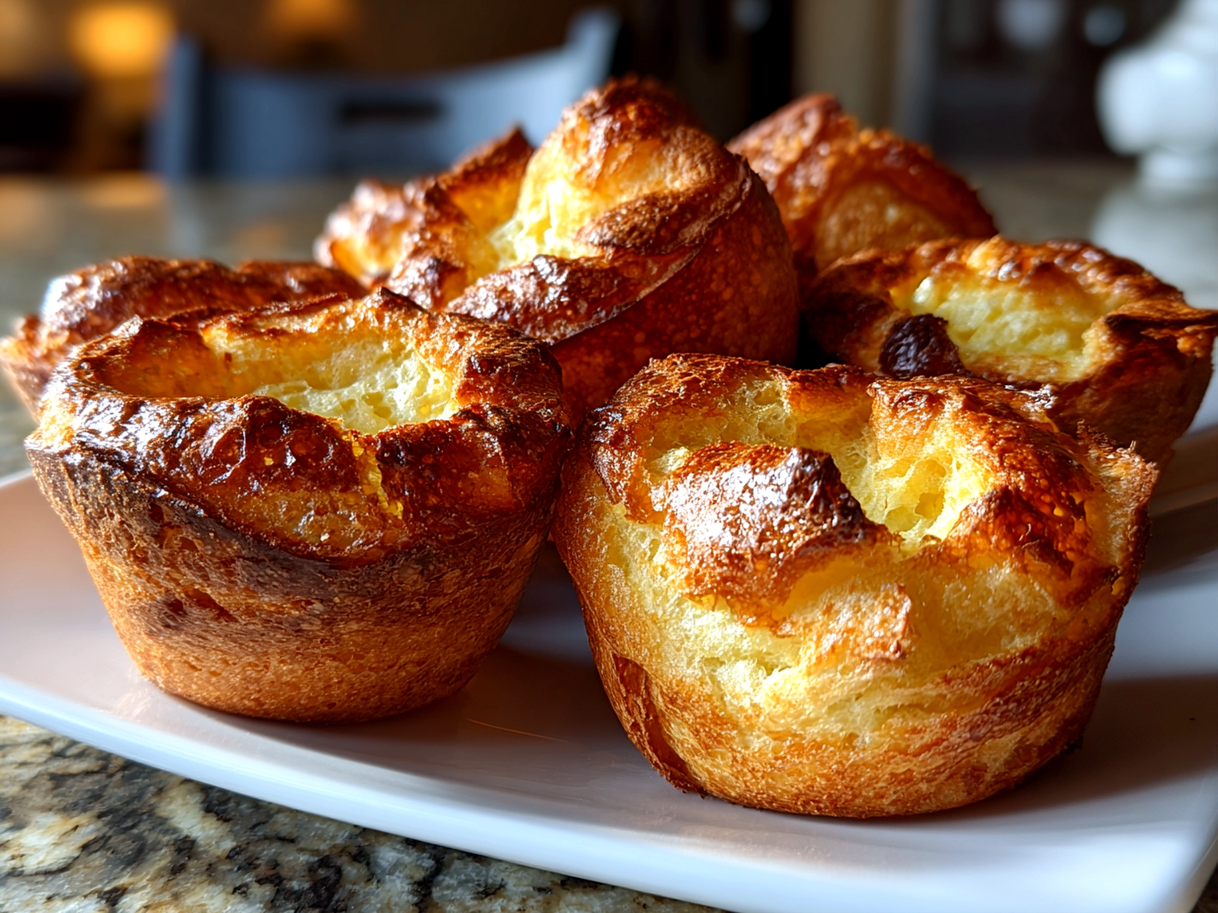 Freshly baked sourdough popovers on white plate
