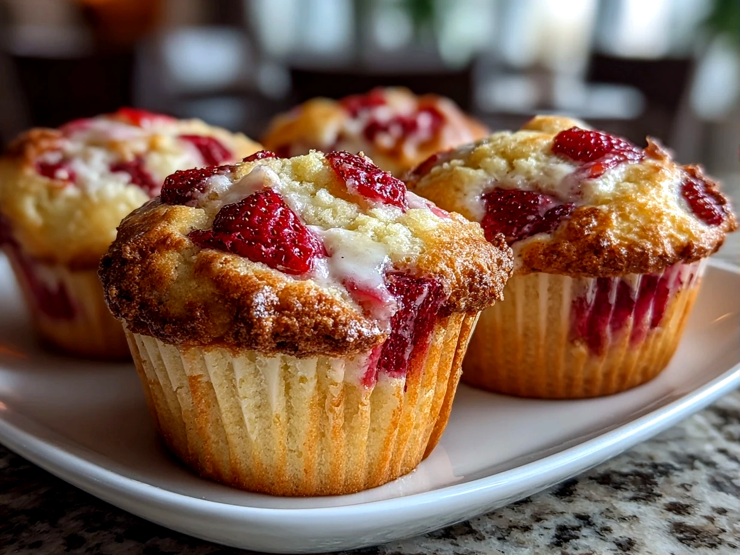 Freshly baked Strawberry Greek Yogurt Muffins close-up