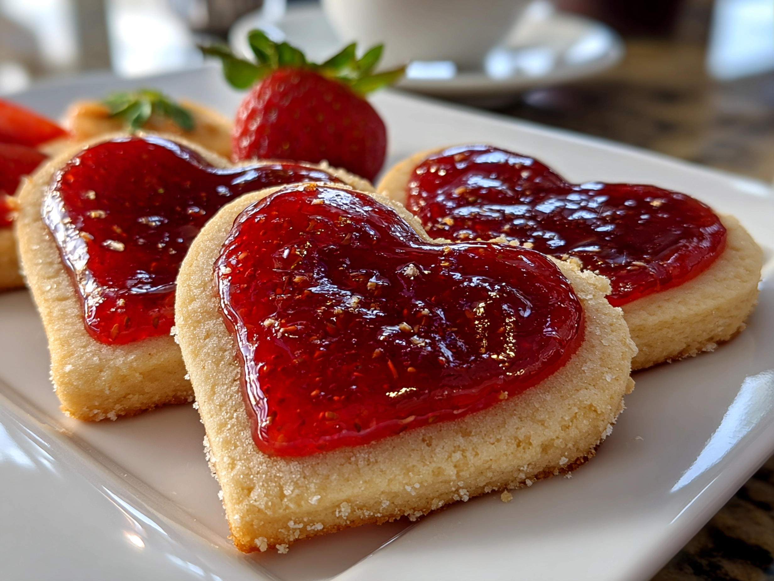 Freshly baked Valentine Strawberry Cookies on a white plate