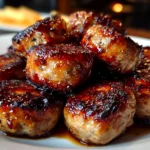 Freshly prepared BBQ sausage bites on white plate