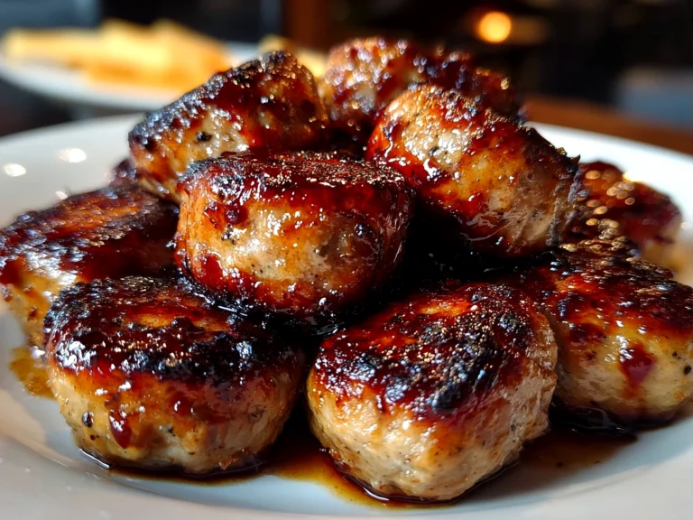 Freshly prepared BBQ sausage bites on white plate