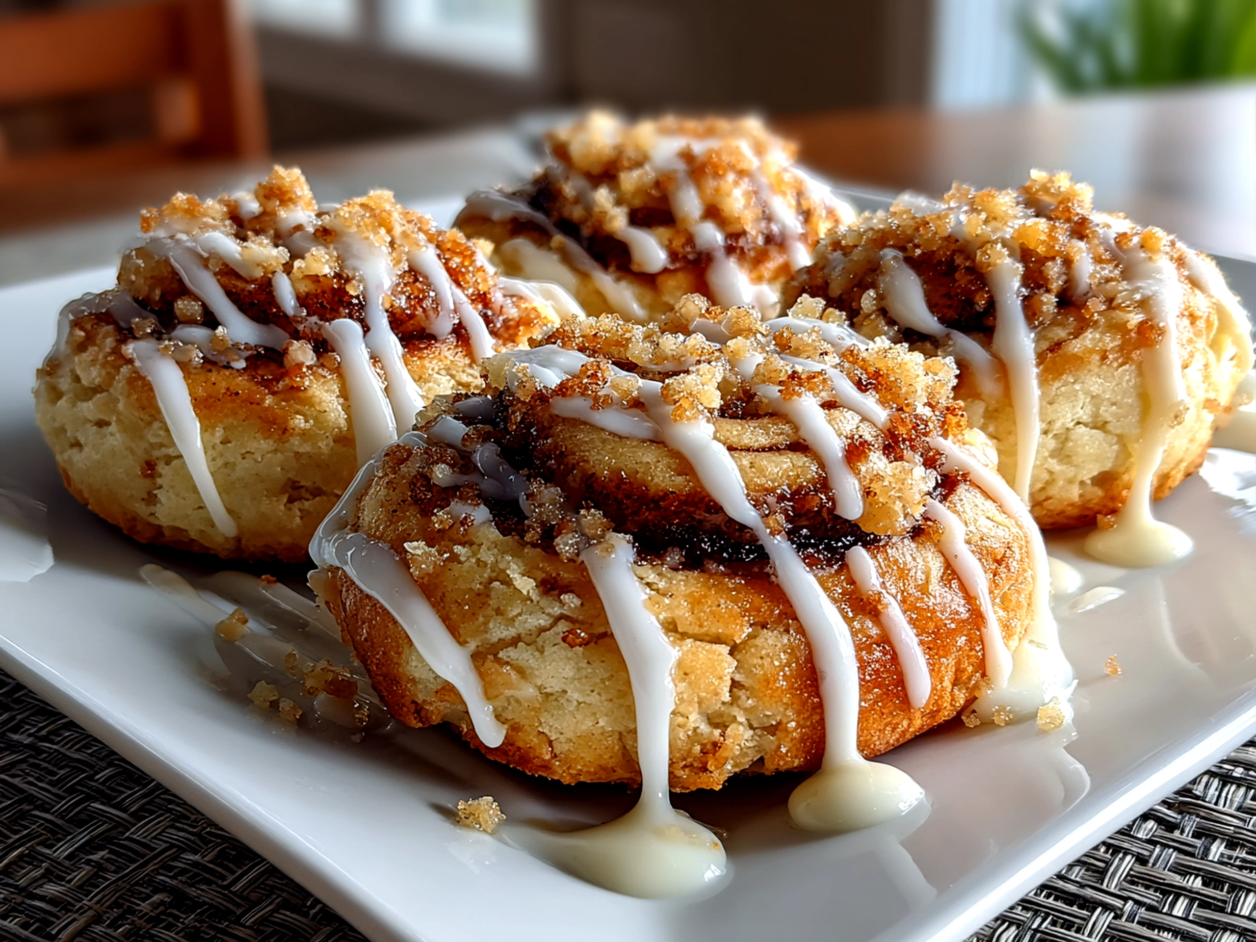 Freshly prepared Cinnamon Roll Cheesecake Cookies on white plate