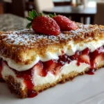 Freshly prepared crispy strawberry cheesecake sandwich close-up