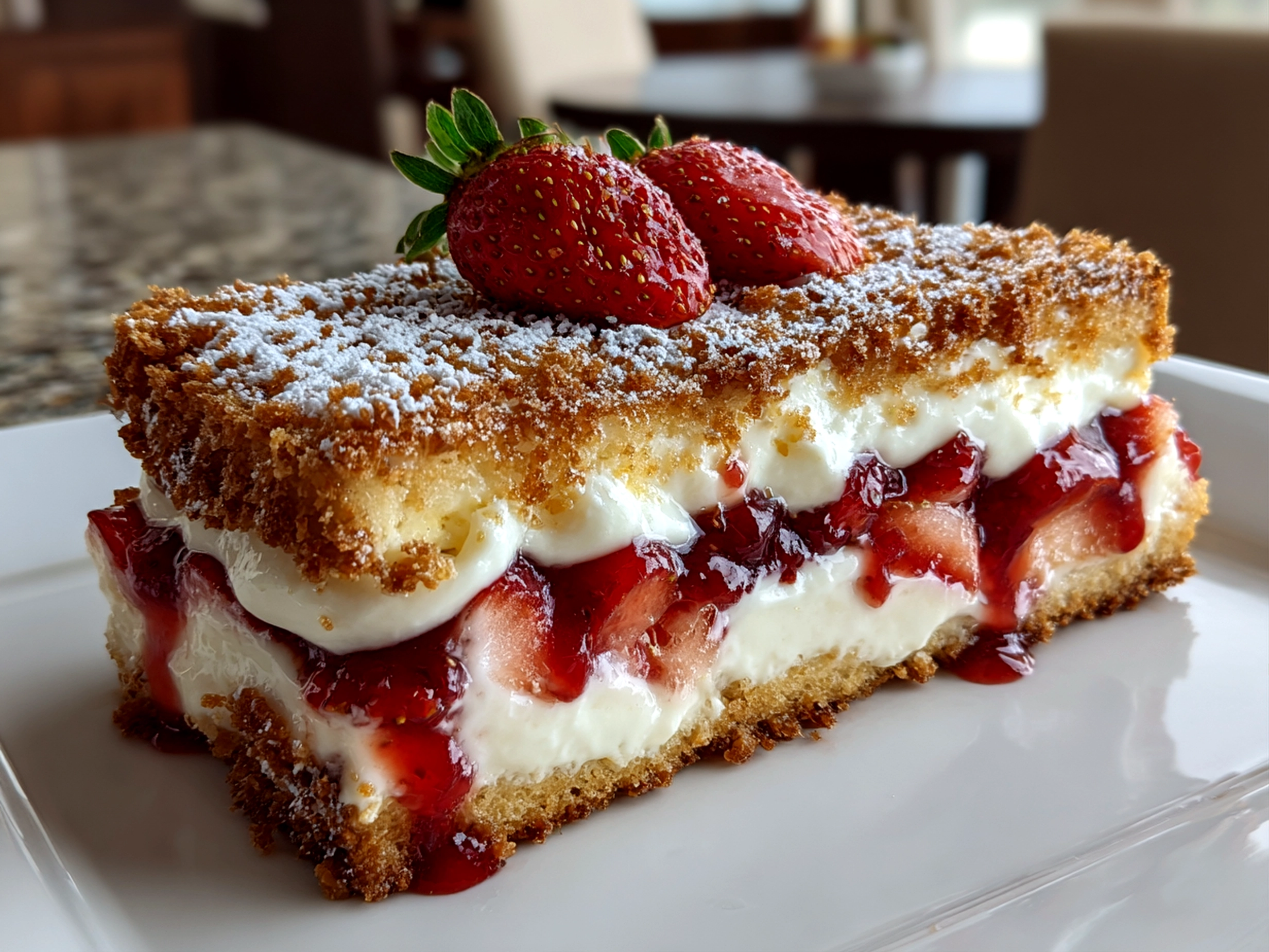 Freshly prepared crispy strawberry cheesecake sandwich close-up