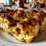 Freshly prepared croissant breakfast casserole on white plate