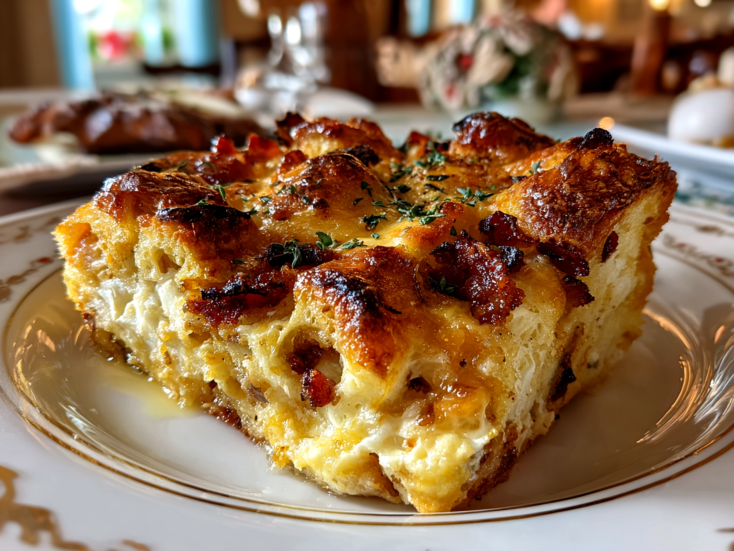 Freshly prepared croissant breakfast casserole on white plate
