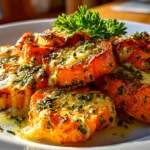 Freshly prepared garlic scalloped sweet potatoes on white plate