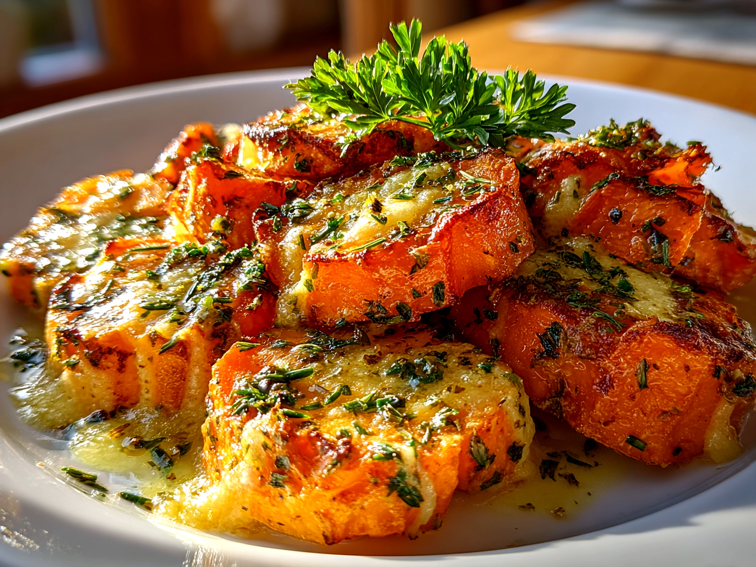 Freshly prepared garlic scalloped sweet potatoes on white plate